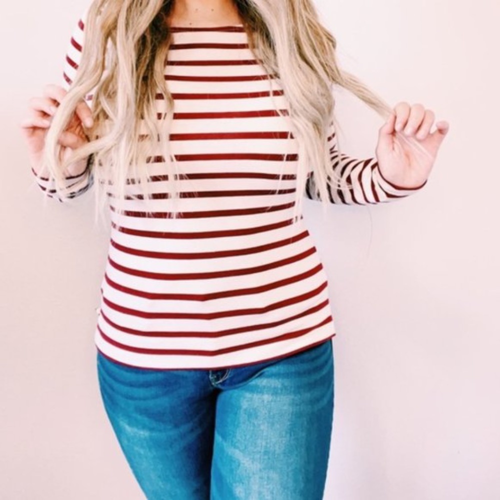 Striped Long Sleeve Crewneck Tee Red & White Medium